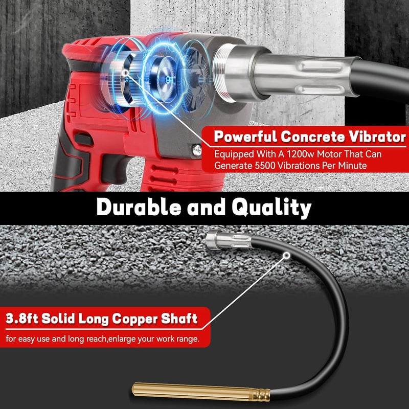 vokoroad Handheld Concrete Vibrating Tool for Milwaukee 20V Max Battery, Construction Insertion 5,000VPM Flexible Portable Cement Vibrator with 3.8FT Shaft Rod, Remove Air Bubble and Mix Concrete(No Battery) - Image 5
